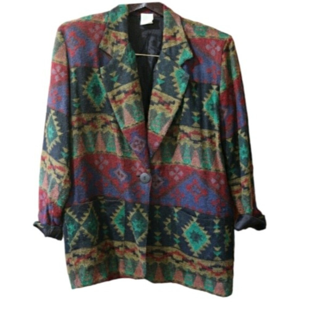 Judy Knapp Vintage Southwestern Print One Button Blazer Jacket LG Shoulder Pads